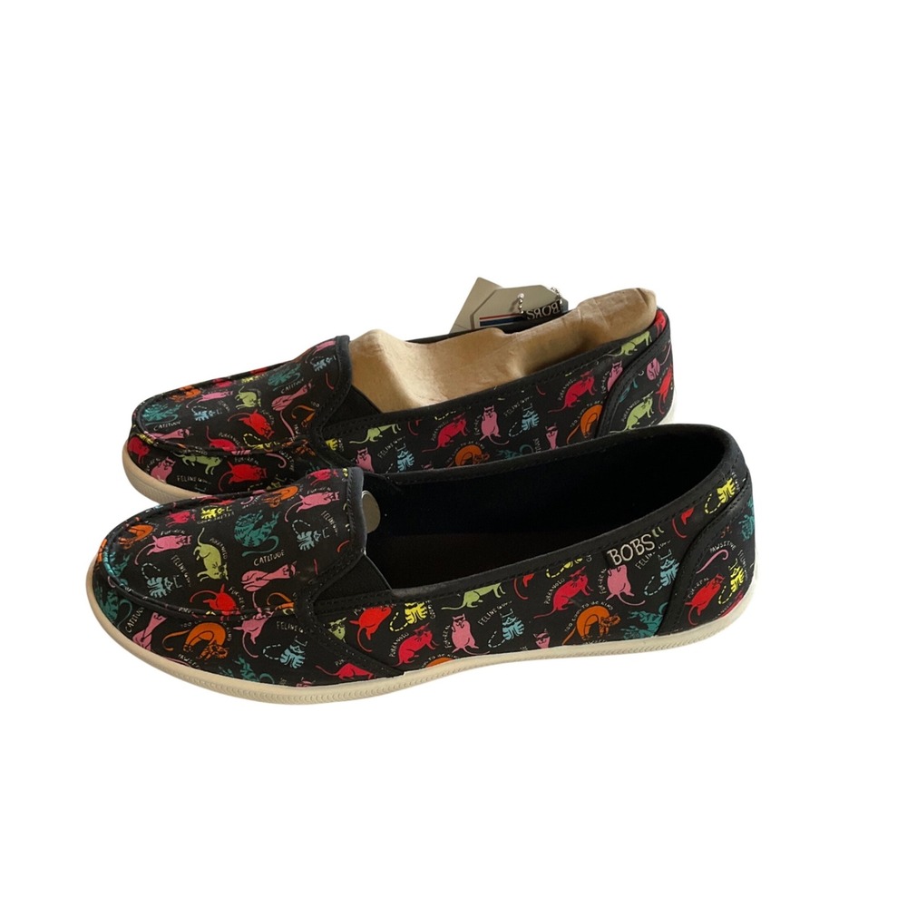 BOBS Skechers Slip On Women Size 11 Black Multi Cat Print Memory Foam 113493